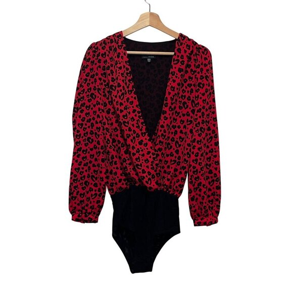 Lucy Paris Red/Black Leopard Print Long Sleeve Deep V-Neck Bodysuit Women's S - Picture 2 of 11